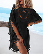 Women's Front & Back Reversible Beach Cover Up Crochet Lace Hollow Out Spliced Tassel Vacation Caftan Dress