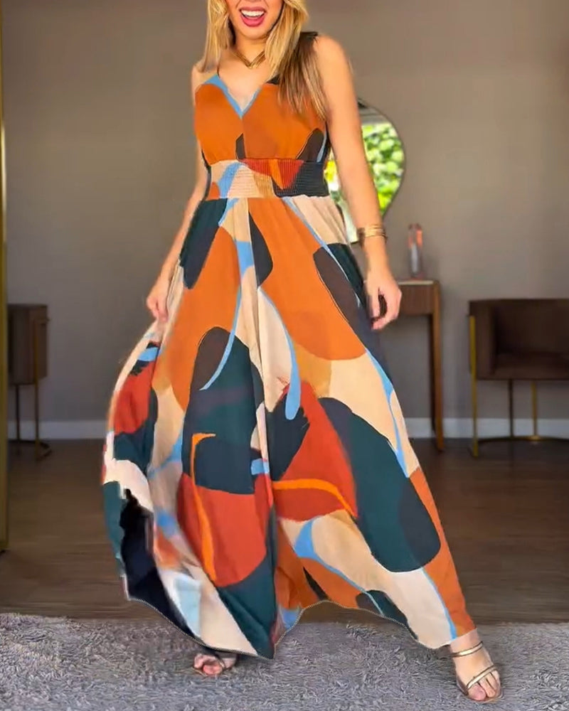 Abstract Print V-Neck Stretchy Thick Straps High Waist Backless Overalls Casual Shirred Waist Cinched Waist Wide Leg Jumpsuit