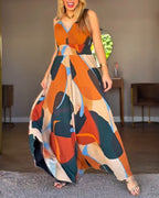 Abstract Print V-Neck Stretchy Thick Straps High Waist Backless Overalls Casual Shirred Waist Cinched Waist Wide Leg Jumpsuit