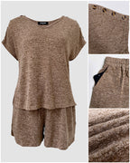 Women's V Neck Short Sleeve Top and Drawstring Shorts Set Casual Loose Fit Loungewear Two Piece Outfit with Pockets