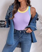 Women's Contrast Trim Ribbed Tank Top Slim Fit Sleeveless Round Neck Basic Camisole for Streetwear & Layering