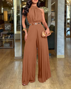 Women's Halter Tie Wide Leg Jumpsuit Pleated High Waist One-Piece Romper Elegant Sleeveless Evening Party Jumpsuit without Waist Chain