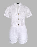 Women's Eyelet Embroidery Two Piece Outfits Stand Collar Button Up Crop Top and High Waist Shorts Set