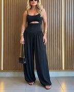 Women's Cut-out Waist Cami Jumpsuit Backless Tie-Back Lantern Romper Ruched High Waist Summer Jumpsuit