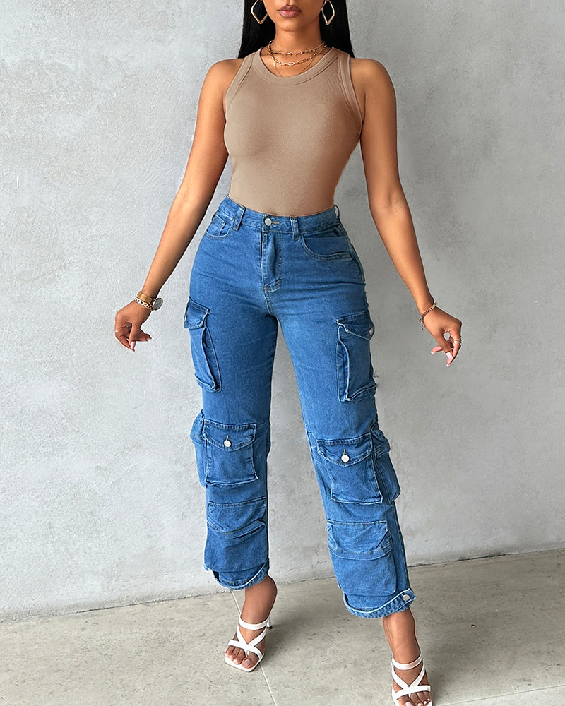 Built-in Bra Ribbed Round Neck Tank Top