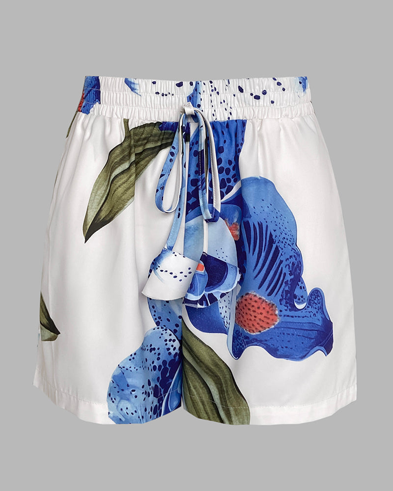 2 Pieces Outfit Floral Print Halter Slit Long Top and Casual Drawstring Shorts Set with Pockets