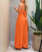 Women's Cut-out Waist Cami Jumpsuit Backless Tie-Back Lantern Romper Ruched High Waist Summer Jumpsuit