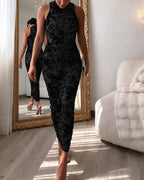 Women's Flocking Floral Mesh Midi Dress Mock Neck Sleeveless Ruched Bodycon Dress Sheer Overlay Cocktial Party Dress