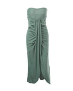 Sleeveless Ruched Cinched Waist Draped Bandeau Dress Eyelet Embroidery Slit Asymmetrical Hem Vacation Dress