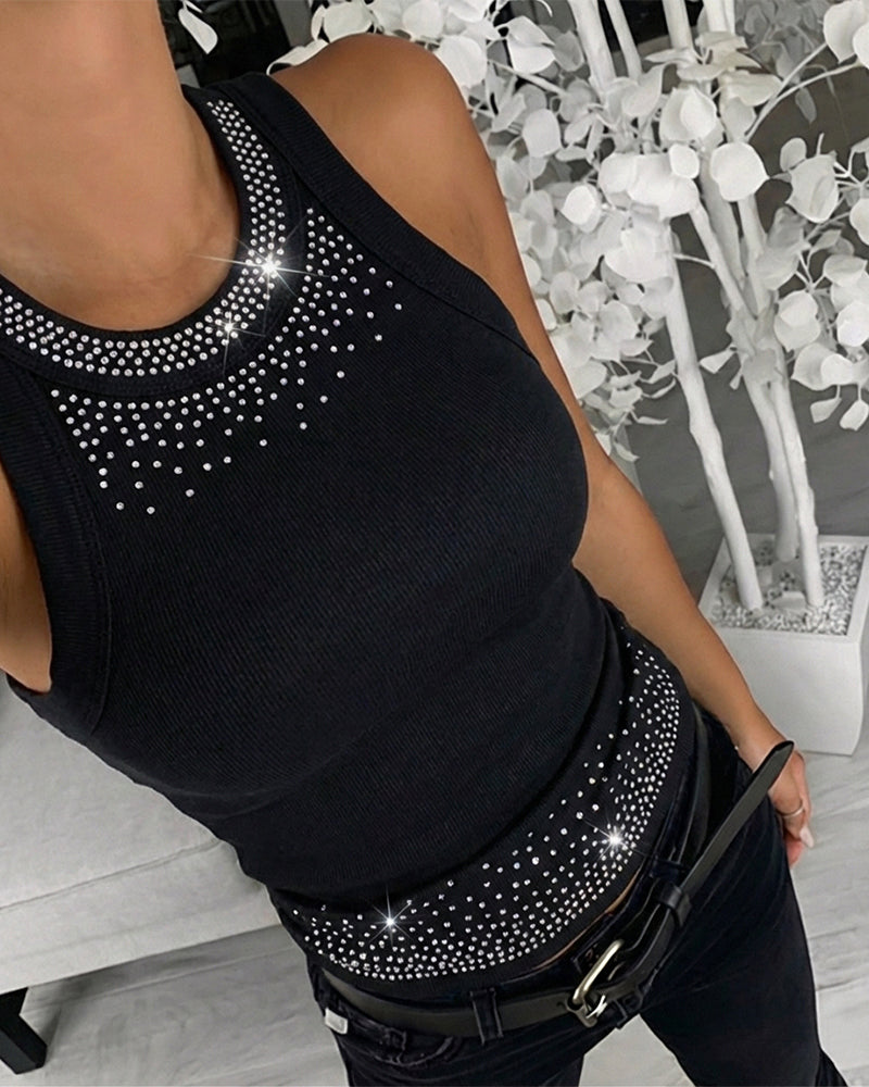 Rhinestone Decor O-neck Sleeveless Slim Fit Ribbed Tank Top