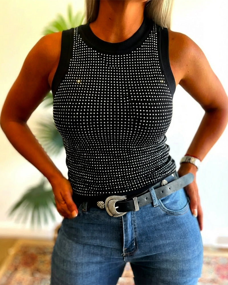 Rhinestone Decor O-neck Sleeveless Knit Tee Slim Fit Tank Top