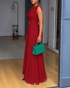 Women's Cowl Neck Wide Leg Jumpsuit High Waist Sleeveless Chiffon Overlay Spliced Evening Overalls with Belt