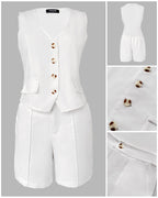 2 Pieces Outfit V Neck Button Front Flap Detail Vest Top and Casual Pockets Design Zipper Fly Elastic Back Waist Shorts Set