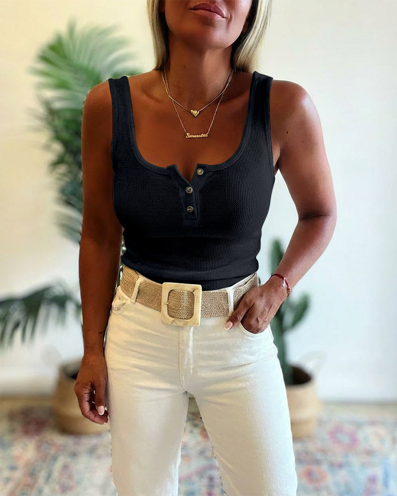 U-Neck Sleeveless Half Button Front Tank Slim Fit Backless Knit Waffle Tank Top