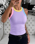 Women's Contrast Trim Ribbed Tank Top Slim Fit Sleeveless Round Neck Basic Camisole for Streetwear & Layering