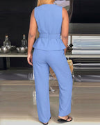 2 Pieces Outfit Pleated Design Deep V-Neck Sleeveless Asymmetrical Hem Top and Casual Elastic Waist Wide Leg Pants Set with Detachable Belt