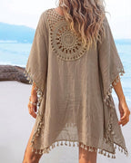Women's Front & Back Reversible Beach Cover Up Crochet Lace Hollow Out Spliced Tassel Vacation Caftan Dress