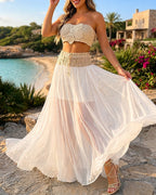 Women's Floral Crochet Two Piece Outfit Tube Top and Drawstring Sheer Maxi Skirt Set with Shorts