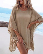 Women's Front & Back Reversible Beach Cover Up Crochet Lace Hollow Out Spliced Tassel Vacation Caftan Dress