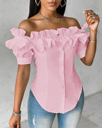 Ruffles Off Shoulder Short Sleeve Button Front Blouse Asymmetrical Hem Top
