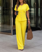 Women's 2 Piece Outfits Short Sleeve Button Down Top and Straight Leg Pants Set Casual Commuter Suits