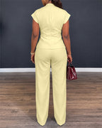 Women's 2 Piece Outfits V Neck Twist Front Slit Top and High Waisted Straight Leg Pants Set Commute Business Casual Suit