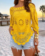 Women's Crochet Hollow Out Knit Top Batwing Sleeve Loose Cover Up Asymmetric Hem Sheer Bohemian Knitwear