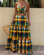 Women's Colorblock Plaid Hollow-out Maxi Dress V Neck Backless Ruffle Cami Dress Casual Shirred Beach Sundress