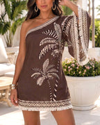 Women's Tropical Print One Shoulder Mini Dress Three Quarters Sleeve Fringe Hem Vacation Dress