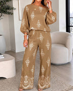 Women's 2 Piece Vintage Print Bohemian Outfit Skew Neck Lantern Sleeve Top and High Waisted Pants Set Casual Vacation Set