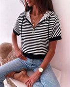 Women's Striped Half Zip Drawstring Hoodie Short Sleeve Sweatshirt Loose Contrast Trim Casual Pullover Top