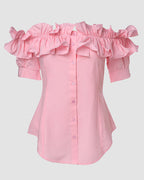 Ruffles Off Shoulder Short Sleeve Button Front Blouse Asymmetrical Hem Top