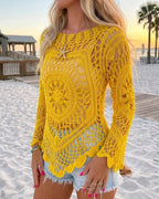 Women's Crochet Hollow Out Knit Top Batwing Sleeve Loose Cover Up Asymmetric Hem Sheer Bohemian Knitwear
