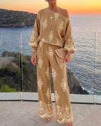 Women's 2 Piece Vintage Print Bohemian Outfit Skew Neck Lantern Sleeve Top and High Waisted Pants Set Casual Vacation Set
