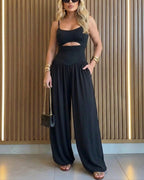 Women's Cut-out Waist Cami Jumpsuit Backless Tie-Back Lantern Romper Ruched High Waist Summer Jumpsuit