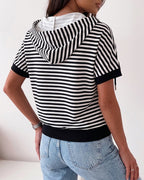 Women's Striped Half Zip Drawstring Hoodie Short Sleeve Sweatshirt Loose Contrast Trim Casual Pullover Top