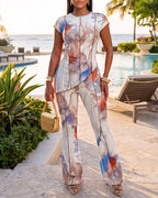 Women's 2 Piece Mesh Set Vintage Print Short Sleeve Top and High Waisted Flare Pants Set with Lining