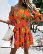 Women's Stretchy Off Shoulder Vacation Dress Tropical Fruit Floral Shirred Waist Ruffle Hem A Line Dress
