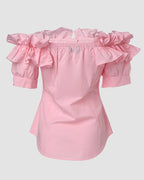 Ruffles Off Shoulder Short Sleeve Button Front Blouse Asymmetrical Hem Top