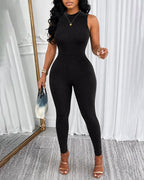 Women's Halter Neck Backless Jumpsuit Ribbed Knit Slim Fit Sleeveless Romper Sexy Party Clubwear