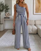 Women's Striped One Shoulder Jumpsuit Casual High Waisted Wide Leg Overalls