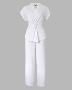 Women's 2 Piece Outfits V Neck Twist Front Slit Top and High Waisted Straight Leg Pants Set Commute Business Casual Suit