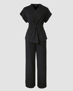 Women's 2 Piece Outfits V Neck Twist Front Slit Top and High Waisted Straight Leg Pants Set Commute Business Casual Suit
