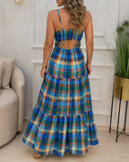 Women's Colorblock Plaid Hollow-out Maxi Dress V Neck Backless Ruffle Cami Dress Casual Shirred Beach Sundress