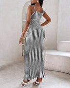 Women's Striped Ribbed Knit Maxi Dress Slim Fit Sleeveless Cami Dress Beach Vacation Sundress
