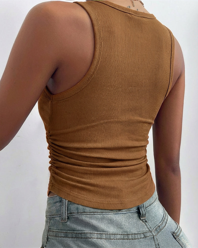 Round Neck Sleeveless Side Ruched Tank Slim Fit Ribbed Racerback Tank Top