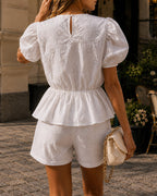 Women's 2 Piece Eyelet Embroidery Outfits Puff Sleeve Peplum Top and Shorts Set Casual Vacation Suit