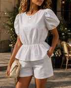 Women's 2 Piece Eyelet Embroidery Outfits Puff Sleeve Peplum Top and Shorts Set Casual Vacation Suit
