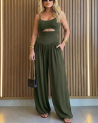 Women's Cut-out Waist Cami Jumpsuit Backless Tie-Back Lantern Romper Ruched High Waist Summer Jumpsuit