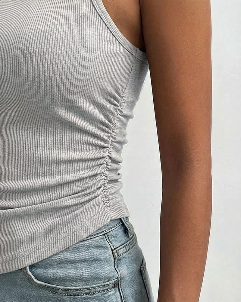 Round Neck Sleeveless Side Ruched Tank Slim Fit Ribbed Racerback Tank Top
